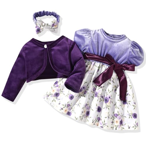 fioukiay Baby Girls Dress and Velvet Cardigan Sets Infant Girls Casual Floral Print Fall Dresses Winter with Headband