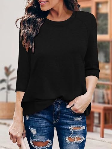 KISSMODA Tunic Tops for Women Loose Fit Dressy Round Neck Pleated 3/4 Length Sleeve Spring Tops