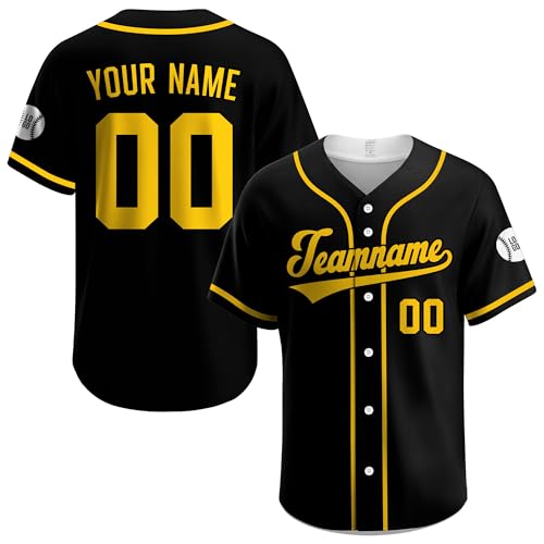 Custom Baseball Jersey &ndash; Personalized Name, Number & Logo, Black and Yellow Button Down Jersey...