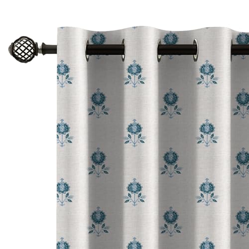 Image of LINENWALAS Printed Blackout Curtains for 7 Feet Door | Set of 2 | Printed Drapes | Thermal Insulated, Room Darkening Panels with Grommet Hanging for Living Room (Cornflower Motif)