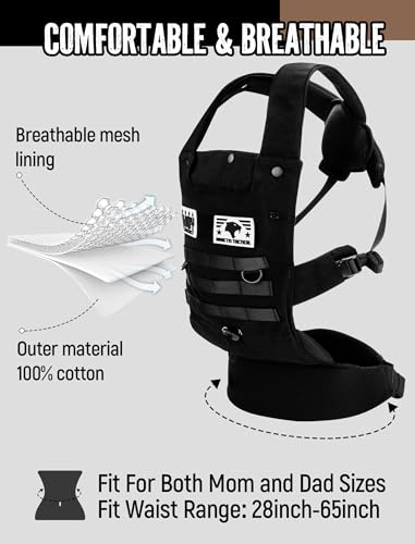 Ergonomic Lumbar Support Baby Carrier for Infants to Toddlers (8-33 lbs), Cozy and Lightweight Military Baby Carrier for Plus Size Parents- Black