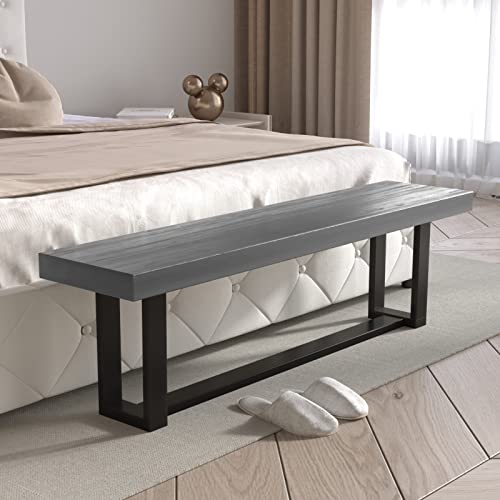 Sospiro 60 Inch Solid Wooden Dining Bench With Metal Frame, Farmhouse Indoor Kitchen Table Bench Seating For Dining Room Living Room Entryway, Grey #TOP3