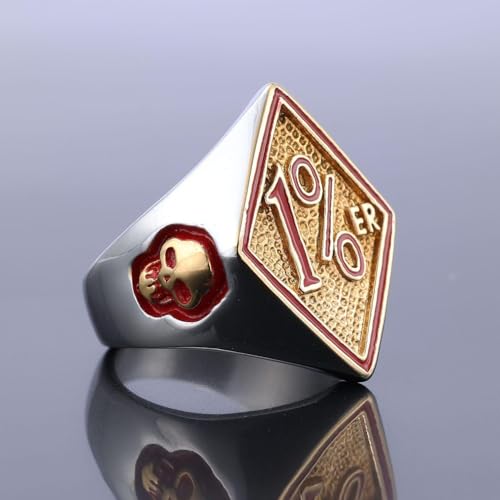 Men's Stainless Steel 1% er One Percent Golden Skull Outlaw Motorcycle Biker Ring US Size 7-163