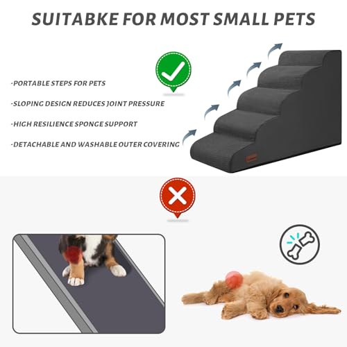 Image of Aodisman Dog Stairs for High Bed,5-Step Pet Ramp for Small Dogs and Cats | 22.2 inch H Dog Steps for Bed with High-Density Foam, Help Olders,Short-Legged Dogs,Puppy and Cats Get on Beds Easily,Grey,Black