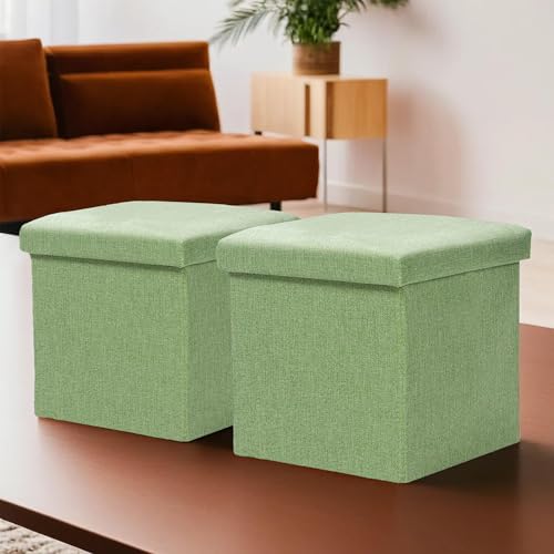 Image of Kuber Industries MDF Pack of 2 Storage Stool|Square Toy Storage Box|Foot Rest Stool|Folding Seating Stool|Wardrobe Organizer for Clothes-Books|Storage Box for Living Room|S Zh004Gn|Green