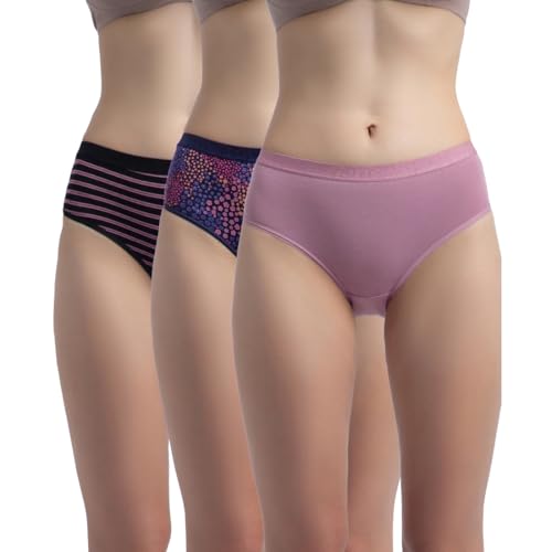 Image of Jockey 3006 Women High Coverage Super Combed Cotton Elastane Stretch Mid Waist Hipster with Exposed Waistband (Pack of 3, Colors & Prints May Vary)
