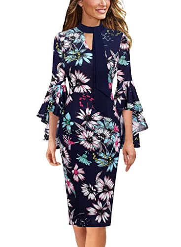 Vfshow Womens Navy Blue Multi Floral Print Bell Sleeve Cocktail Bow Tie Neck Party Semi-Formal Bodycon Pencil Sheath Dress 8592 Blu 3Xl #TOP11
