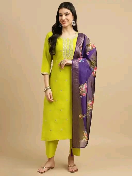 Image of Women's Embroidered Straight Kurta Set with Pant and Floral Silk Dupatta