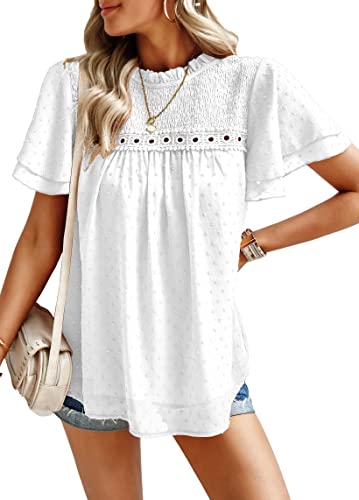 Casual White Tops For Women Lace Crochet Round Neck Blouses For Girls S #TOP1