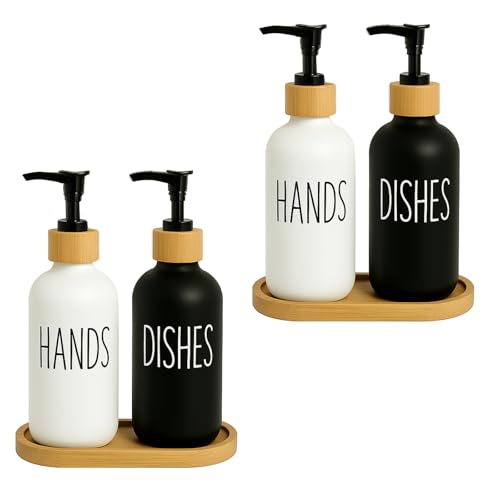 Image of Dimeho 4 Pcs Glass Soap Dispenser, Hand Soap Dispenser Set Black Refillable Shampoo Conditioner White Farmhouse Decor Accessories for Kitchen Bathroom
