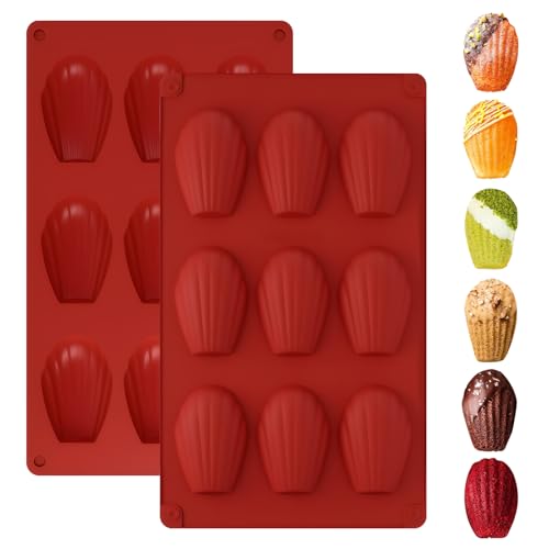 LUCKNIGHT Moldes de Silicona para Madeleines, 2 Piezas Madeleine Mould, 9 Cavidades, Moldes Reposteria, para Magdalenas, Bizcochos, Chocolates y Pudines Caseros (Rojo) Antiadherente Reutilizable