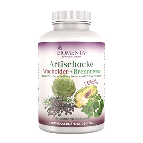 BIOMENTA Artischocke + Wacholder + Brennnessel - 180 Kapsel hochsdosiert -1.500mg Artichoke Extrakt/Tag mit echtem Cynarin - vegan - Premiumqualität
