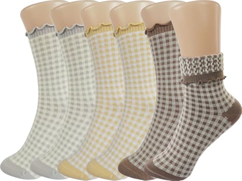 BomKinta Checkered Ruffle Socks Women - Cute Plaid Frilly Sock - Casual Crew Cotton Socks Size 5-9