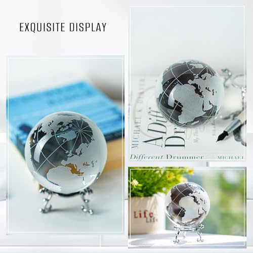 Image of 3.15in Crystal Earth Globe with Stand Glass World Globe Paperweight | Premium K9 crystal Includes metal stand Ready for desk office bookshelf and home display