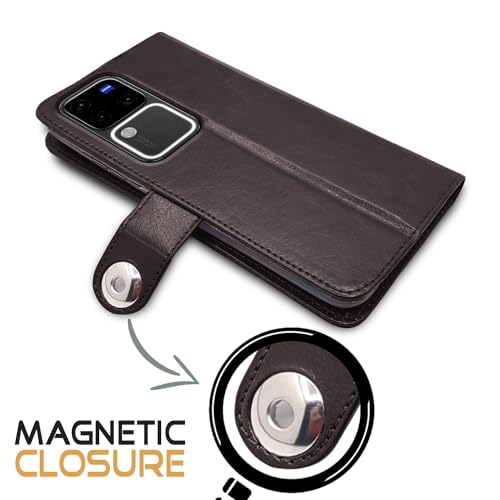 Image of Pikkme Vivo V30 Pro 5G Flip Cover Leather Finish | Inside TPU with Card Pockets | Wallet Stand and Shock Proof | Complete Protection Button Flip Case (Coffee)