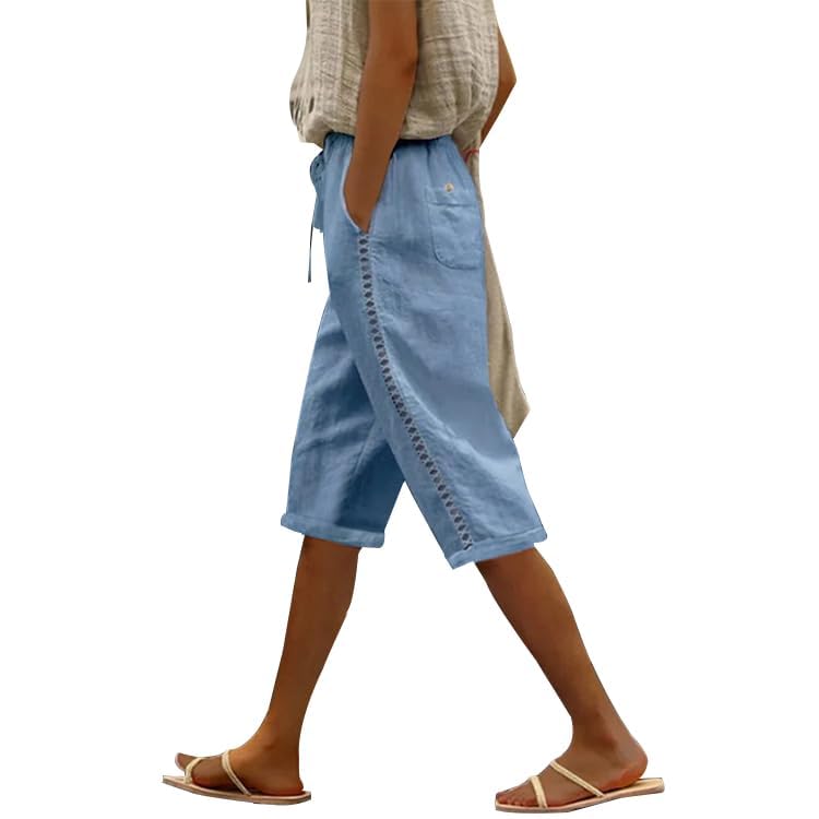 Womens Linen Bermuda Shorts Summer Side Lace Elastic Waist Drawstring Solid Color Wide Leg Pants with Pocket