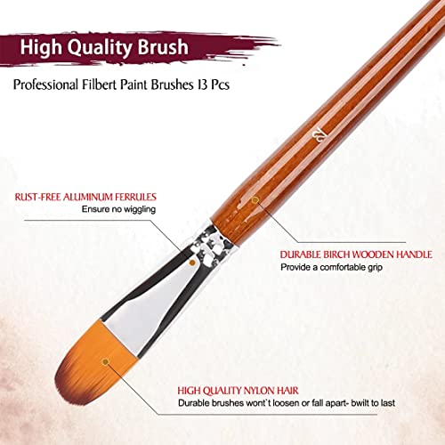 Artdingd Artist Filbert Paint Brushes Set, 13 Pcs Professional Nylon Hair Wood Long Handle #TOP4