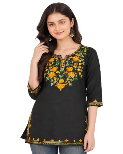 Image of Women's Gulnar Pure Cotton Kashmiri Embroidered A-line 3 /4 Cuff Sleeves Kurti | Short Kurta