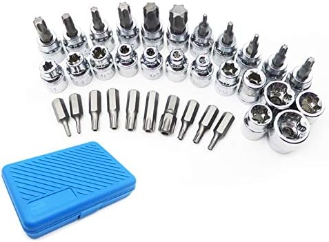 34 Piece Torx Socket Set, Socket for Male and Female Torx Screws/Socket Wrench Inside Outside 3/8 Inch E4-E20 T10-T55, 5/16 Inch T10-T60
