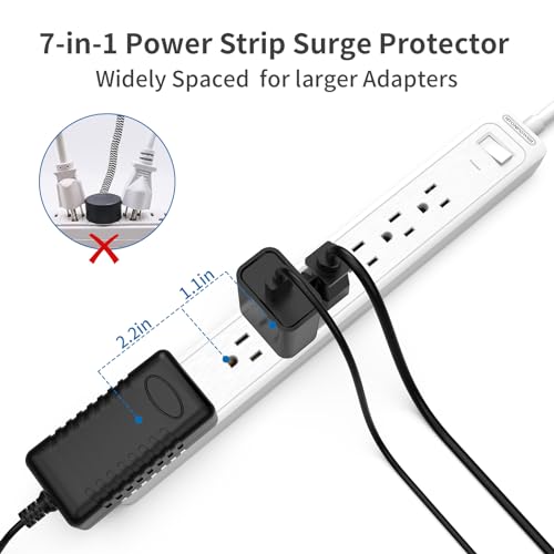 Extensión 25 ft NTONPOWER Protector contra sobretensiones, 15A Cable pesado, 7 tomas, enchufe plano para cocina, hogar y oficina, blanco, 1080 J miniatura 6
