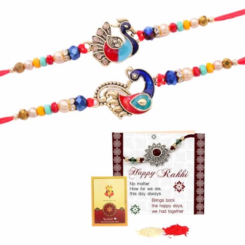 Image of TIED RIBBONS Rakhi for Brother - Set of 2 Designer Beaded Rakhi with Greeting Card and Tikka - Bracelet Rakhis for Brother Bhaiya Men Boys Kids Bhai - RakshaBandhan Rakhis