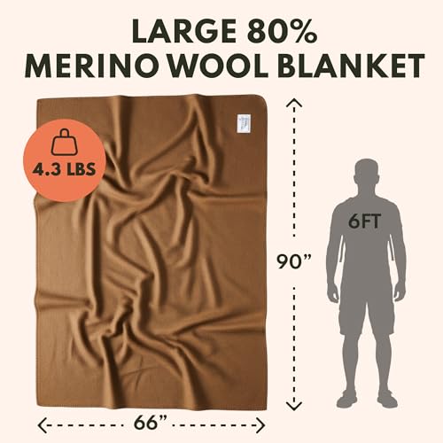 Image of Woolly Mammoth Woolen Company Merino Wool Blanket, 66 inch x 90 inch Sandstone | Temperature Regulating - Fire-Resistant - Warm Camping Blanket for Car Emergency Kits, Picnics, Summer Festivals and Stadiums