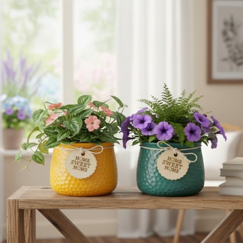 Image of Xtore Vibrant Textured Ceramic Planter Set of 2 with Wooden Tag Accent | Rustic Decorative Pots for Indoor Plants, Desk & Shelf Styling (Pack of 2, Planter only)