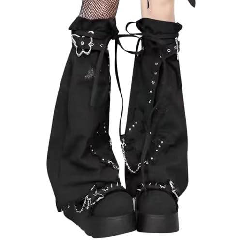 Calentadores de piernas para mujer – Calcetines góticos punk con cadena de mariposa, calcetines de rodilla sueltos, para otoño, Navidad, cosplay, Halloween, fiesta al aire libre, niñas y niños, Negro