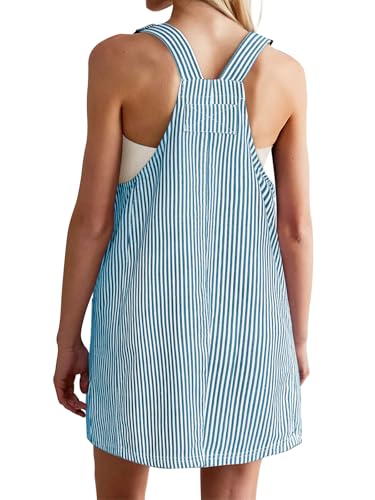 Image of Yousify Womens Casual Denim Dress Summer Striped Overalls Romper Adjustable Straps Sleeveless Jean Dresses with Pockets