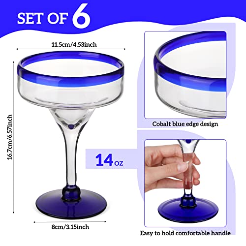 Margarita Glasses Set Of 6 Hand Blown Glasses With Cobalt Blue Rim 14 Oz Margarita Glasses For Cocktail Champagne Martini Glasses, Dishwasher Safe #TOP1