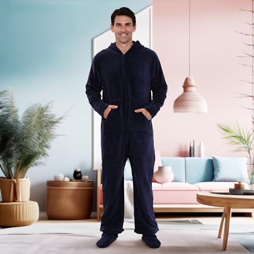 Alexander Del Rossa Adult Onesies for Men, Mens Onesie Pajamas Adults, Fleece Onesie for Men, Hooded Footed Mens Onsie Midnight Blue 3XL Tall (A0320MBL3XLT)2