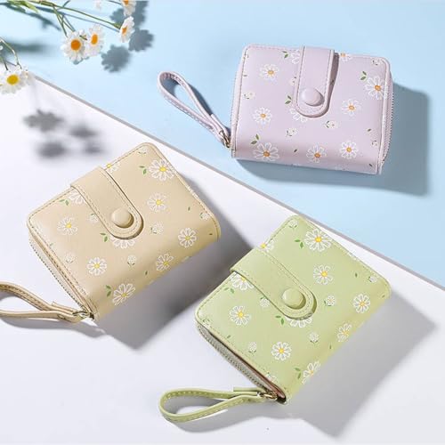 Cute Daisy Flowers Print Genuine Leather Wallet for Women with Exterior Zipper Bifold Design Multiple Card Slots ID Window (BEIGE)3