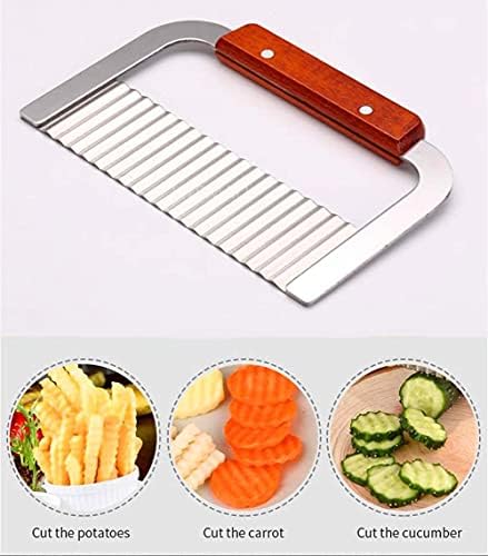 Malkeesha Stainless Steel Chip Cutter, Wavy Potato Chipper with Gifted Finger Guard, Can Safely Use by Elder and Children, Blade Wooden Handle Secretor Crinkle Cutter for Vegetable and Salad