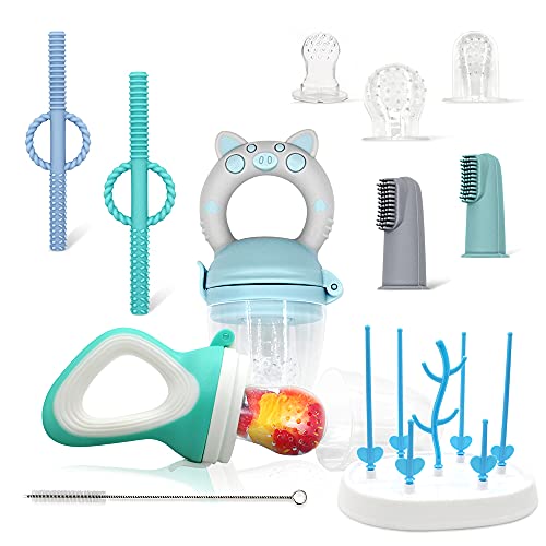 10 in1 Baby Teething Toys Set,Baby Teether Chew Toys-with Food Feeder Pacifier(4 Replaceable Silicone Pouches)- Safe BPA Free/for 0-3 Year Old Baby at All Stages(for You Baby Bottle Drying Rack)