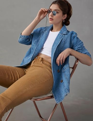 COZYPOIN Womens Long Denim Jacket Button Up Blazer Oversized Notched Lapel Casual Jean Shacket Coat3
