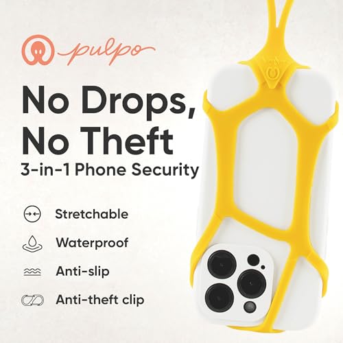 Image of Pulpo Safety Cell Phone Lanyard Yellow Fits Smartphones 6.1 inch to 6.8 inch - Anti Theft Phone Strap for Men & Women, Lanyards for Phones, Hiking Phone Holder & Cellphone Lanyard,Silicone Crossbody Straps