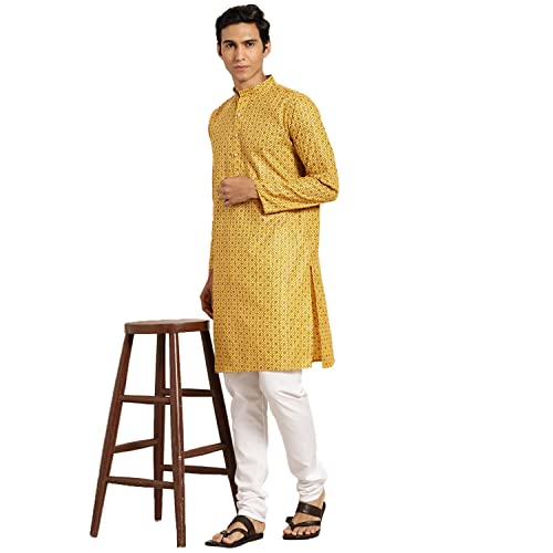 Image of SOJANYA, Men's Cotton Linen Blue Foil Printed Kurta and White Pyjama Set