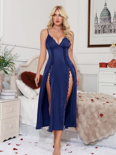 Image of CRIPOM Silk Lingerie Dress for Women Long Nightgowns for Women Sexy Chemise with Thong 2 Piece S-XXL
