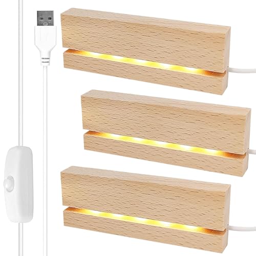 Base per display con luci a LED, 3 pezzi, attacco a LED in legno, base per display a LED, base per display, base in legno, con illuminazione USB, rettangolare