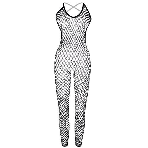 JFAN Ropa Interior de Malla Mujer Trajes de una Pieza Conjunto Lenceria Body Mini Vestido Pijama de Encaje Transparente Regalo de Nochebuena y San Valentín，Talla única Negro