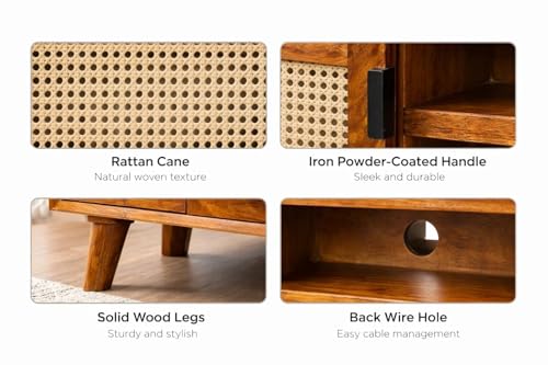 Image of Premium Solid Wood, 10 Minutes Assembly (Legs Only), Aesthetic Rattan Doors, Mid Century Entertainment Center for Living Room, TV Stand for 65 inch TV, Dark Chocolate (Honey L-014)