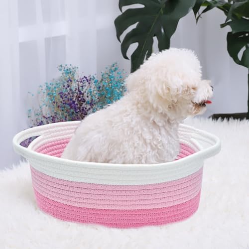 Image of ABenkle Small Basket with Handles, Boho Decorative Rope Woven Dog Cat Toy Storage Bin Shelf Storage Organizer, Easter Christmas Gift Basket, 12 inchx8 inchx5 inch