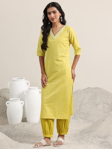 Image of Libas Woven Design Cotton Blend Straight Kurta With Salwar and Dupatta