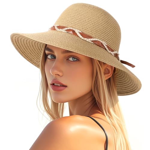 Image of Beach Hat for Women, Wide Brim Sun Straw Hats for Women, Sun Hat Womens UPF 50+ UV Protection, Floppy Foldable Summer Hats