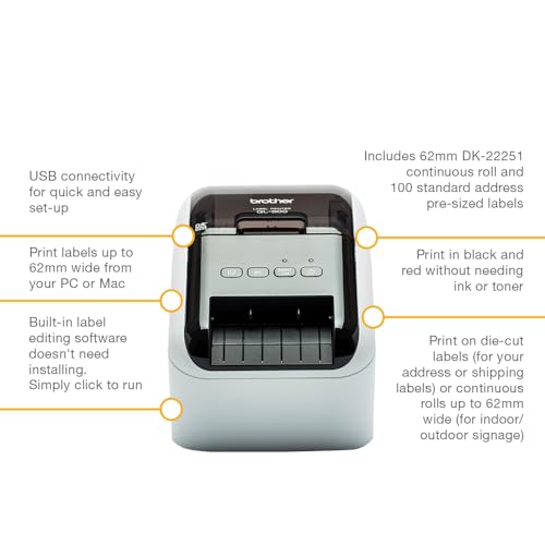 Brother QL-800, Imprimante d'étiquettes, Fonction d'impression Rouge-Noir, Interface USB, Impression de codes-barres, Découpeuse automatique, Imprime jusqu'à 62 mm de largeur – Image 3