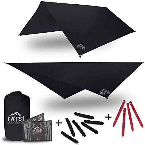 Everest Explorer Hammock Rain Fly | Waterproof Outdoor Hammock Tarp | Ripstop Nylon Cover | Perfect for Camping, Hiking, Survival Gear, and More | Stakes and Rope Included | Black or Gray | 10' x 10'