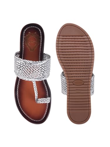 Image of Shoetopia Women's Kolhapuri Flats - Handwoven Bunai Sandals with Toe Loop | Ethnic Slip-On Chappals for Casual Festive