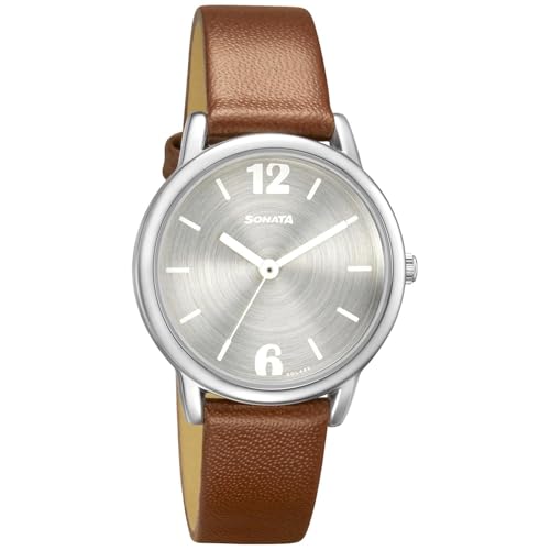 Image of Sonata Excl Fkt Plain 3 Hands Silver Round Dial Tan A1Leather Strap Women's Watch - NS8172SL02