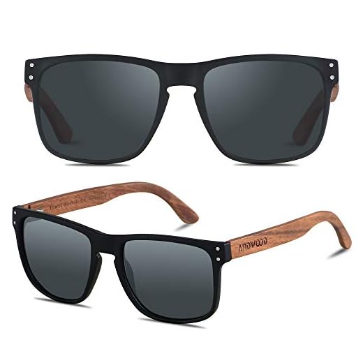ANDWOOD Mens Sunglasses Polarized UV Protection Wooden Frame Beach Sun Glasses Womens Square Wood Shades Black