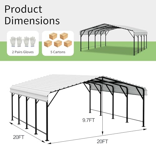 Image of Shintenchi 20x20 FT Metal Carport, Oversized Carport Garage with Enhanced Base, Outdoor Galvanized Car Shelter, Heavy Duty Carports Canopy, for Car, Boats and Tractors, White